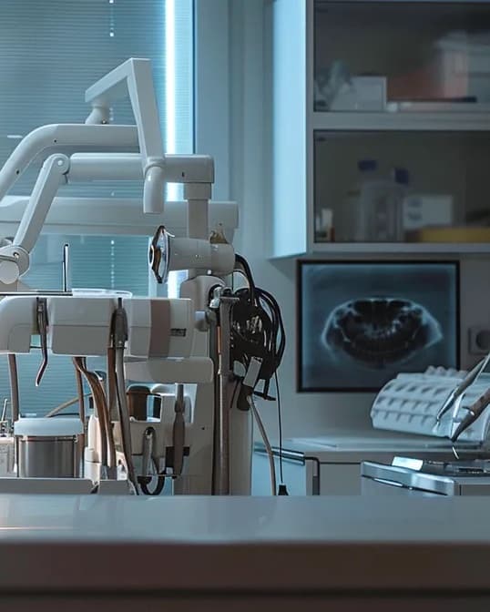 A dental treatment unit and overhead light, with a panoramic x-ray displayed on the wall monitor behind it