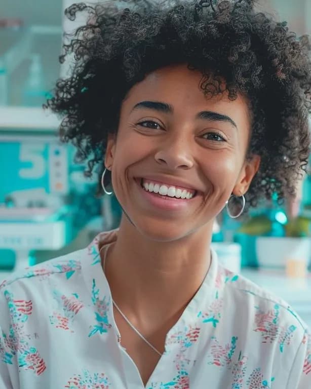 A smiling woman with curly hair seated in a bright dental office