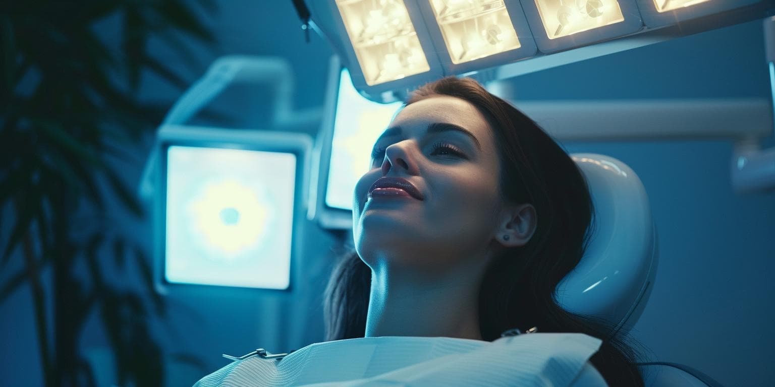 A woman reclining calmly in a dental chair beneath the overhead light