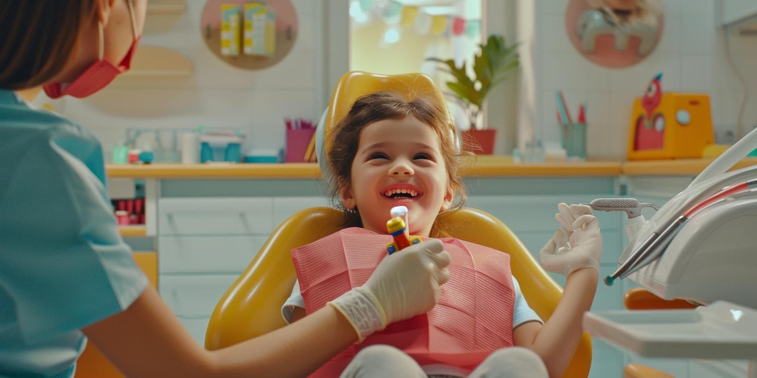 A laughing child in a dental chair holding a colorful toothbrush